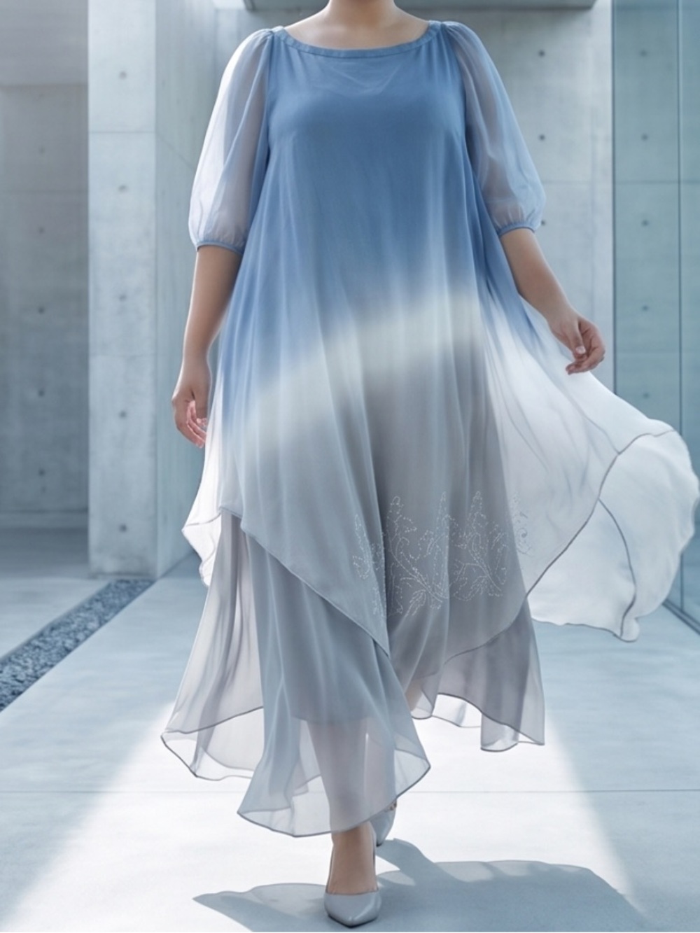 Elegant Relaxed fit Sheer Blue Elegant Summer Light  Short Sleeve Maxi Dress
